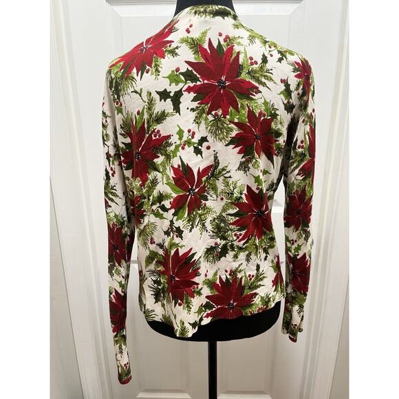 Vintage Talbots Poinsettias Knit Cardigan Sweater White Medium - Picture 6 of 12